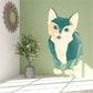 Origami cat sticker, teal and cream geometric cat with blue eyes and angular shapes