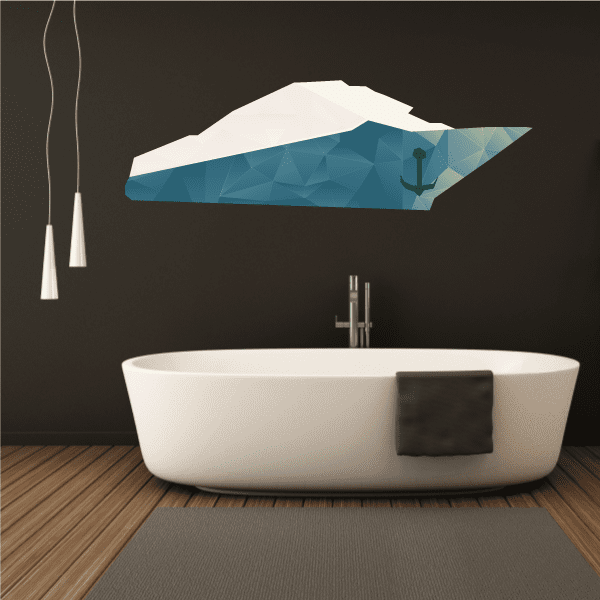 Origami yacht sticker with blue geometric sail and light blue hull, white top