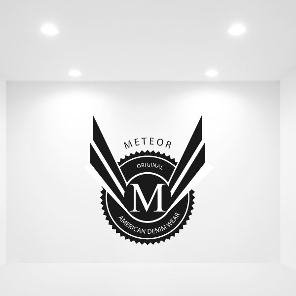 Vinyl wall decal with black winged badge, METEOR logo and central M emblem