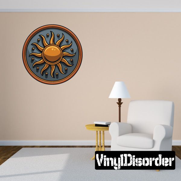Ornamental buckler shield sticker with sunburst design in dark blue and gold
