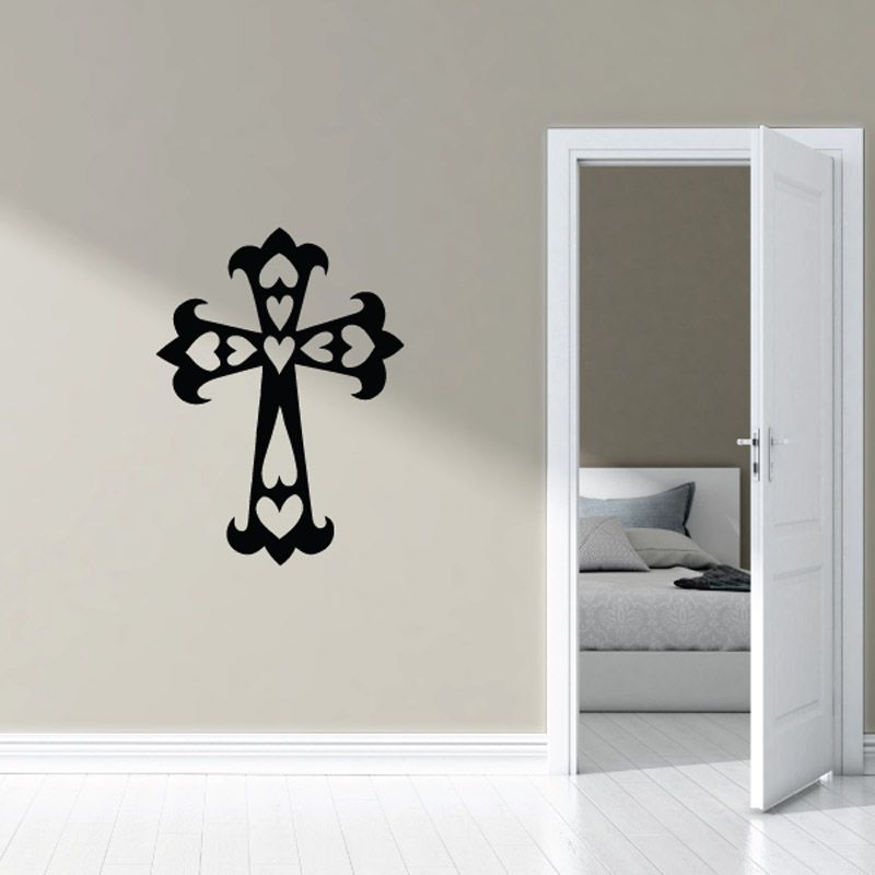 Image of Ornate Cross with Hearts Decal