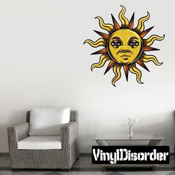 Ornate sun printed decal with golden face and black-lined rays