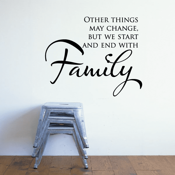 Family wall decal with curved script text and quote, black lettering