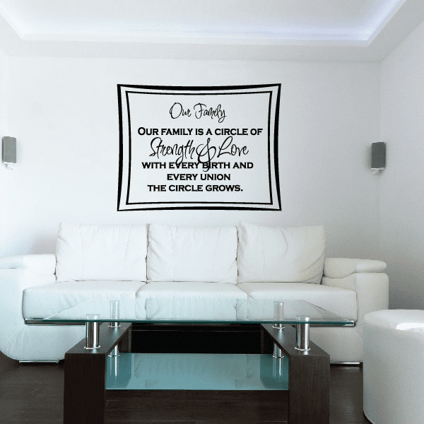 Wall decal with black border rectangle and quote text, cursive heart at top