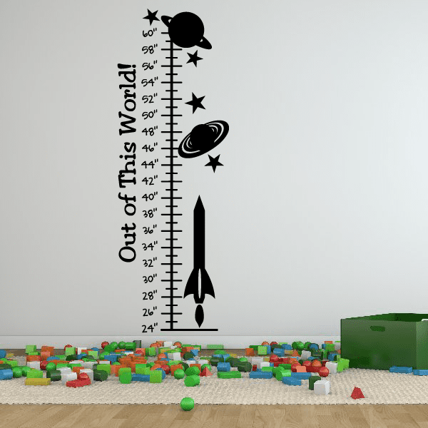 Outer space growth chart wall decal with rocket, planets, stars and tall ruler scale