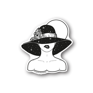 Vinyl sticker of a stylized woman in a starry hood and circular hat, black and white