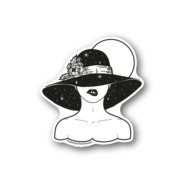 Vinyl sticker of a stylized woman in a starry hood and circular hat, black and white