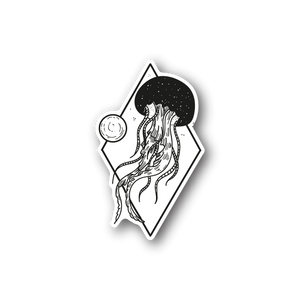 Space-themed vinyl sticker: black-and-white jellyfish with small planet circle