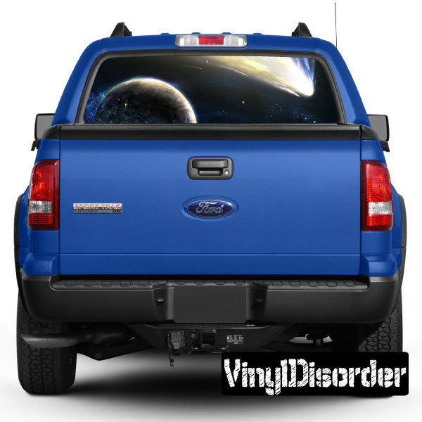Blue rear window graphic decal with stars and planets