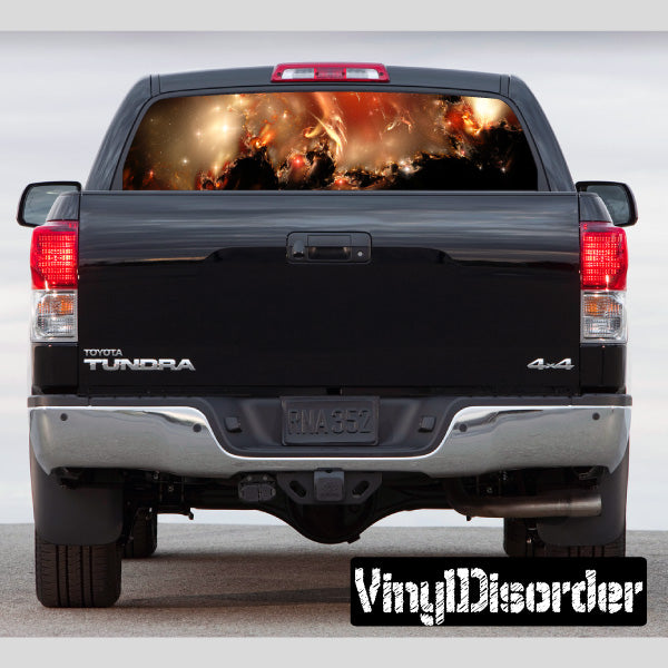 Outer space rear window graphic with fiery galaxy and planet design on pickup window