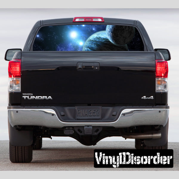 Truck rear window graphic decal: stars and planet
