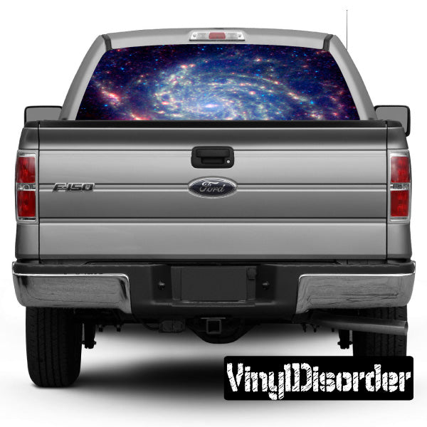 Car rear window decal with colorful outer space starfield graphic