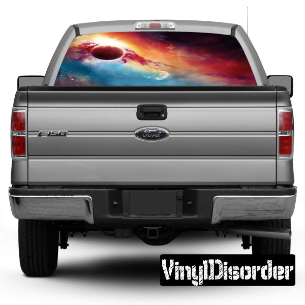 Outer space rear window graphic decal with nebula and planet on truck