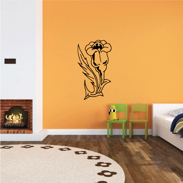 Outlined flower wall decal, black outline of a tall blossom with stem and leaves