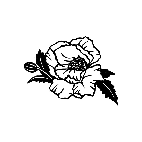 Flower decal: outlined rose with leaves, black line art