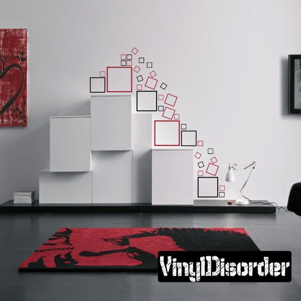Outlined square wall decal set with red and gray outline blocks and small squares