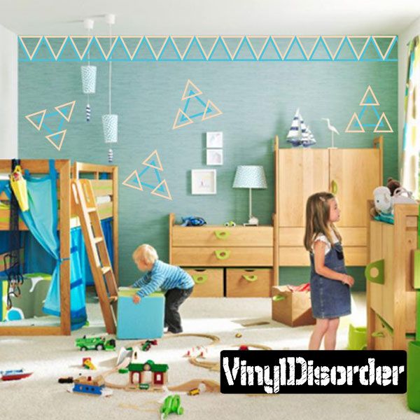 Triangle wall decals kit with turquoise and yellow outlined triangles