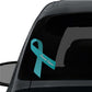 Teal awareness ribbon vinyl sticker with 'Ovarian Cancer' text