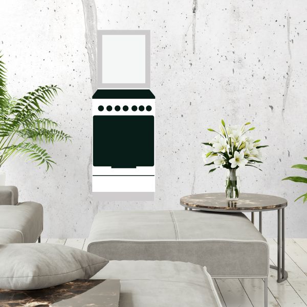 Oven wall decal with black oven door and circular knob row