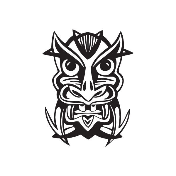 Black tribal tiki face decal with overbite teeth and swirling lines