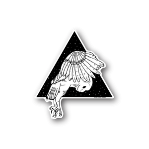 Vinyl sticker of a white owl flying inside a starry triangle