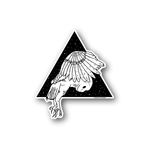 Vinyl sticker of a white owl flying inside a starry triangle