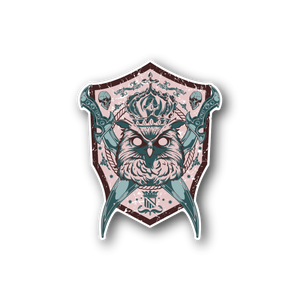 Owl king vinyl sticker, teal and pink owl face in shield shape