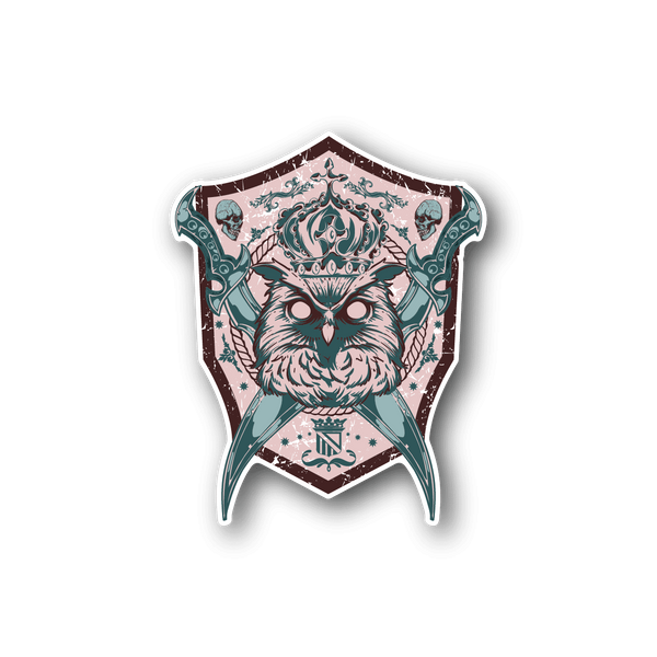 Owl king vinyl sticker, teal and pink owl face in shield shape
