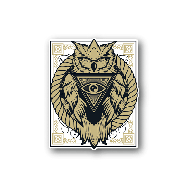 Gold owl head pyramid vinyl sticker with ornate border and rope-style wings