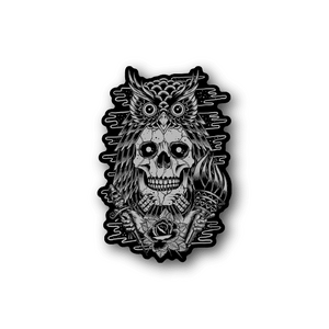 Vinyl sticker with monochrome owl skull illustration and wings