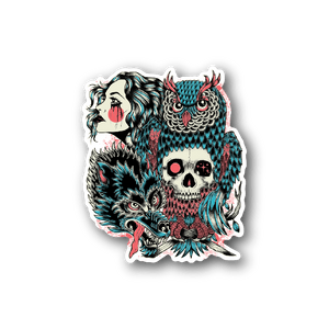 Native-style vinyl sticker with wolf, owl, skull and tribal patterns