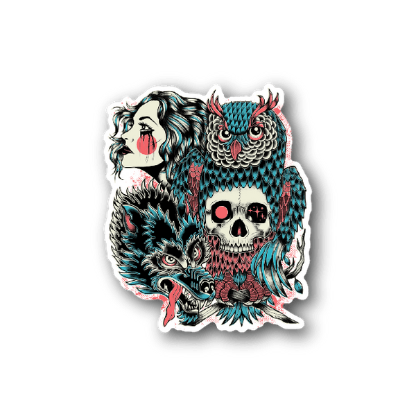 Native-style vinyl sticker with wolf, owl, skull and tribal patterns