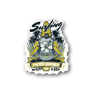 Surfing vinyl sticker with Surfing text, palms, yellow waves and Pacific Surfing badge