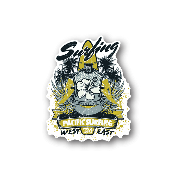 Surfing vinyl sticker with Surfing text, palms, yellow waves and Pacific Surfing badge