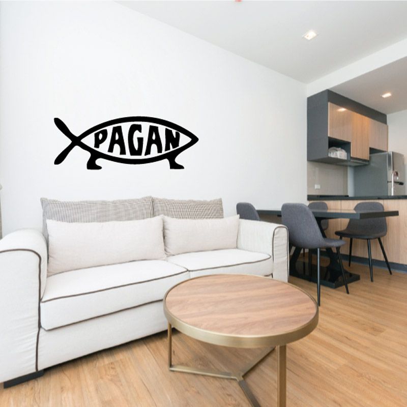 Fish-shaped Pagan decal in black and white, with “PAGAN” lettering across the center