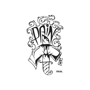 Black graffiti decal with “PAIN” lettering and dripping paint, face graphic