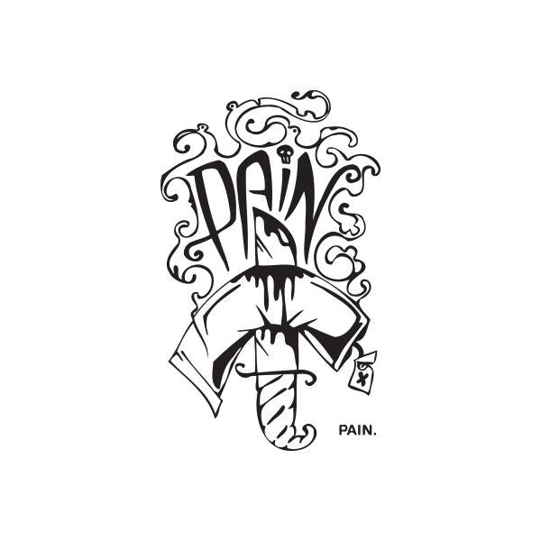 Black graffiti decal with “PAIN” lettering and dripping paint, face graphic