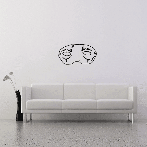 Masquerade mask decal with black line art, arched eyes and ornate swirls