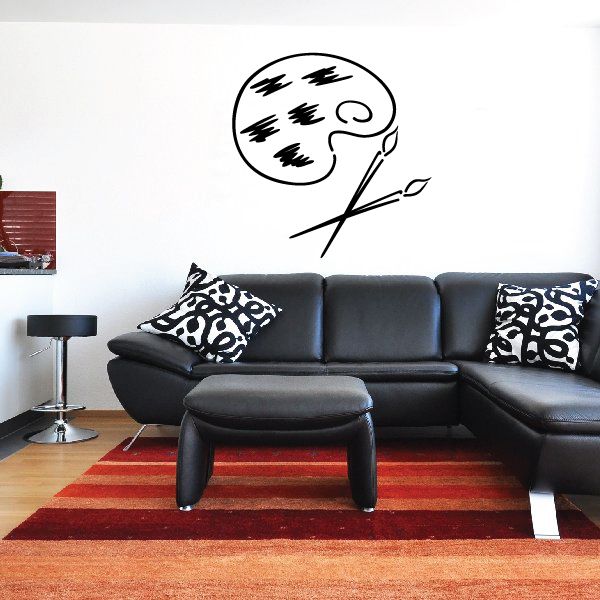 Painting palette wall decal with paint strokes and brush, black outline