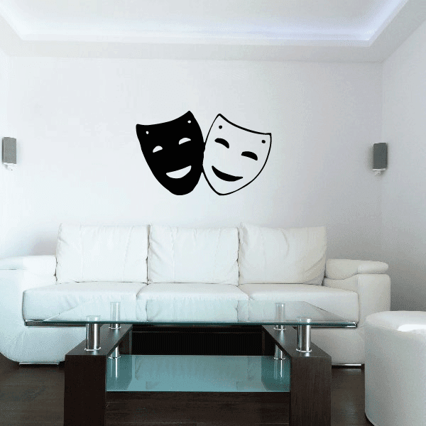 Pair of happy masks decal: black and white smiling theater mask faces