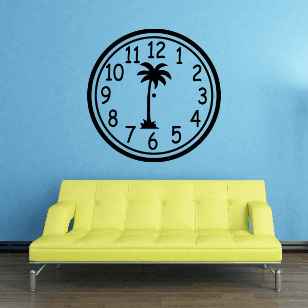 Palm tree clock face wall decal: round clock with black border, numbers, and palm tree