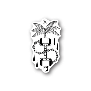 Vinyl sticker with palm tree and handcuffs graphic, black and white