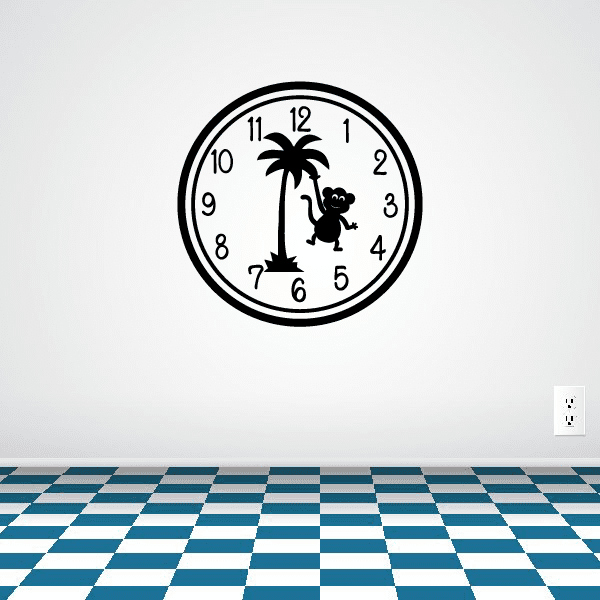 Round wall clock decal with palm tree and monkey silhouette