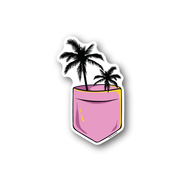 Palm tree pocket vinyl sticker with pink pocket and white palm trees