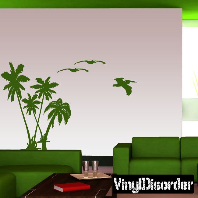 Vinyl wall decal kit with green palm trees and flying pelicans