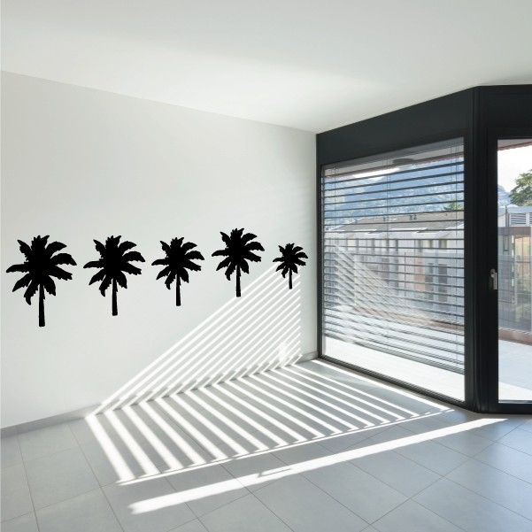 Palm tree family wall decal set with five black palm silhouettes
