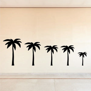Palm tree wall decal set with five black silhouettes