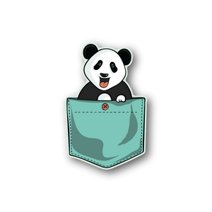 Panda pocket vinyl sticker with teal pocket and smiling black-and-white panda face