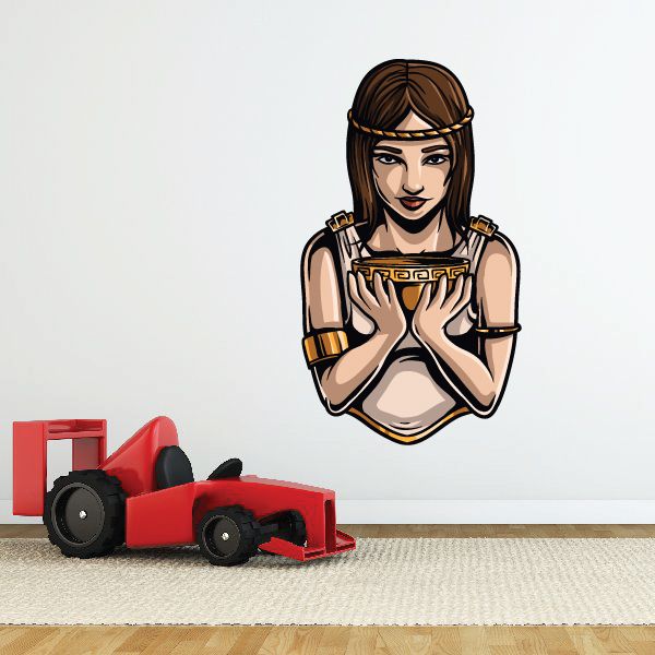 Decorative sticker with illustrated woman holding a box, black and gold outline.