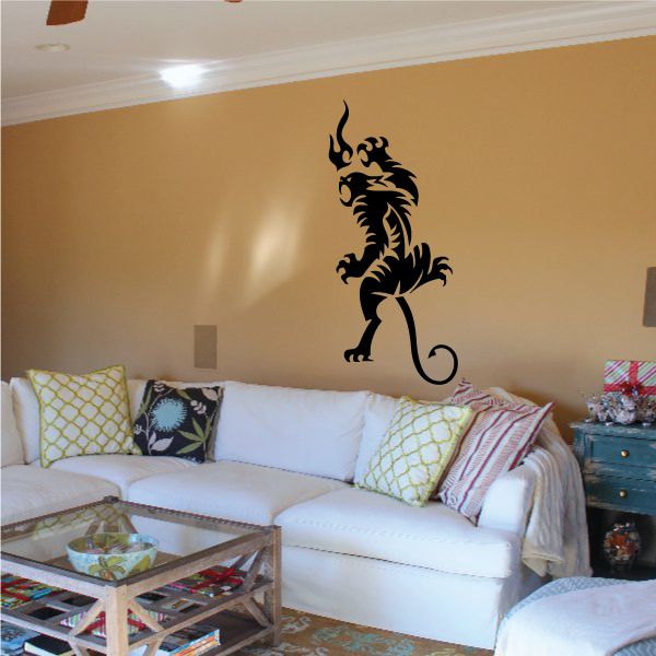 Tribal cat wall decal in black vinyl, flame-like mane and curling tail